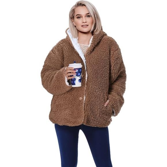 Catalonia Classic Reversible Sherpa Jacket, Fuzzy Winter Coat w/ Hood and Pocket - Picture 1 of 6